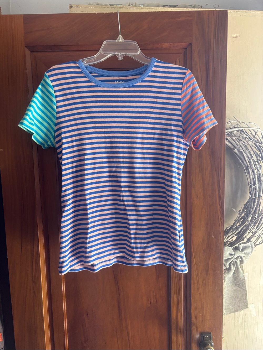 Lands' End Striped Short Sleeve Tee in Blue, Pink, Green and Orange